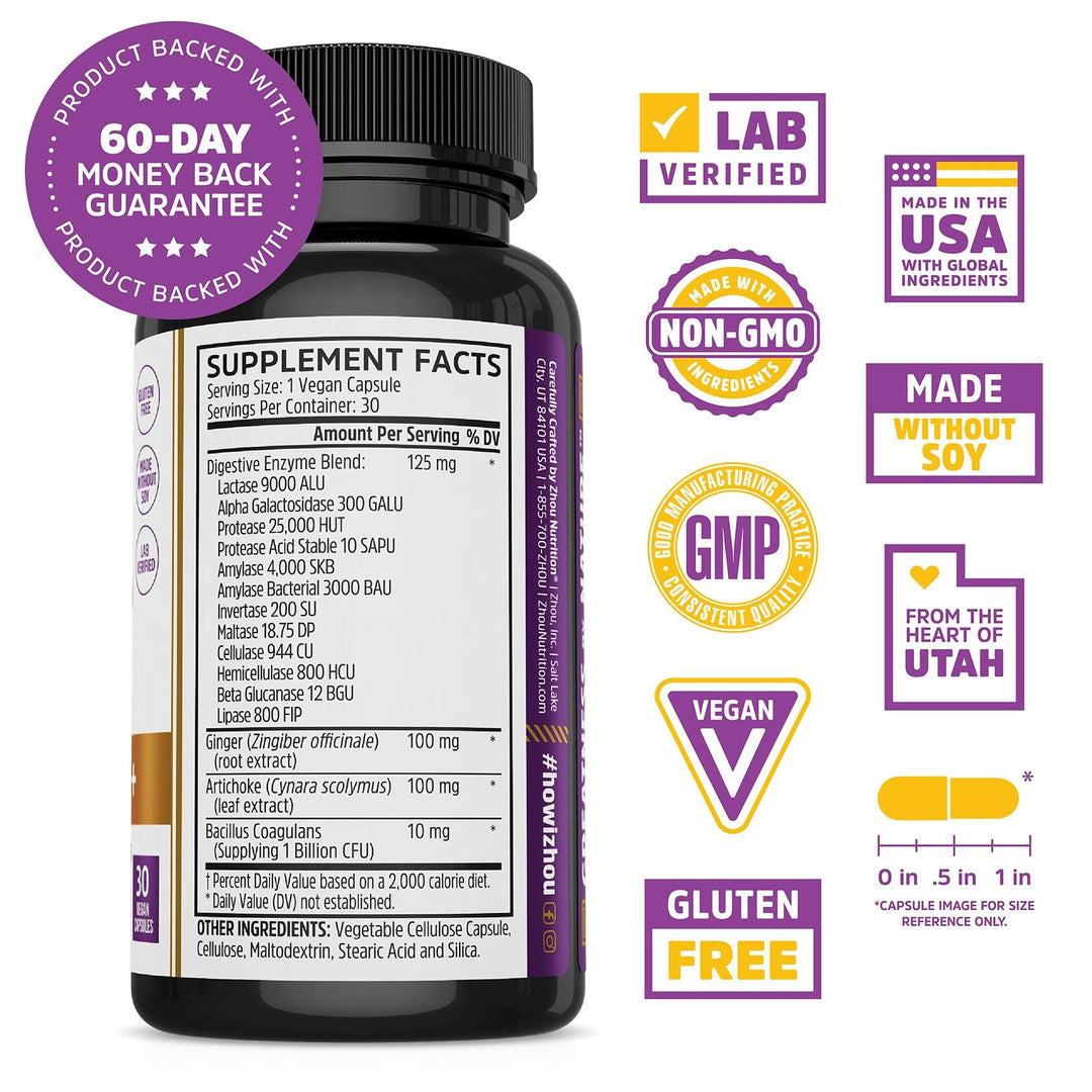 Zhou Nutrition Bloat Blast+ - Digestive Support Supplement for Women &amp; Men, Daily Digestive Enzymes with Probiotics for Gut Health, Gluten Free, Vegan - 30 Veggie Capsules - Supplement Facts panel
