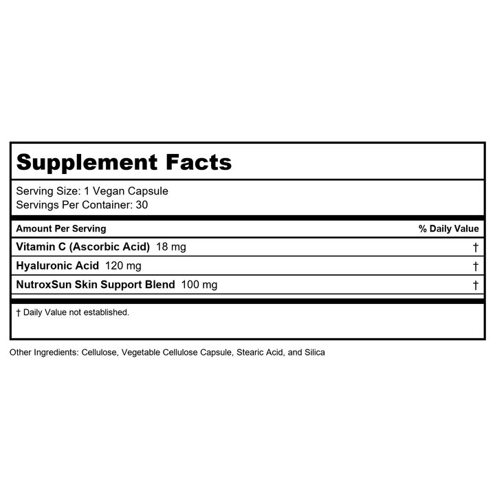 Zhou Glowfluence - Hyaluronic Acid Supplement with Vitamin C and Antioxidants, Glowing Skin and Hydration Support, Hyaluronic Acid Pills for Women and Men, Pure Formula - 30 Vegetarian Capsules - Supplement Facts panel