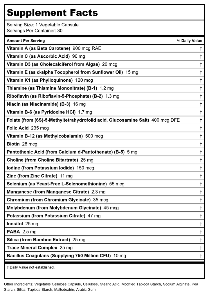 Zhou Daily Boost - Probiotic Multivitamin for Women &amp; Men, Immune Support, Antioxidant &amp; Eye Health Supplement with Vitamin A, Vitamin C, Biotin &amp; Folate for Adults - 30 Veggie Capsules - Supplement Facts panel