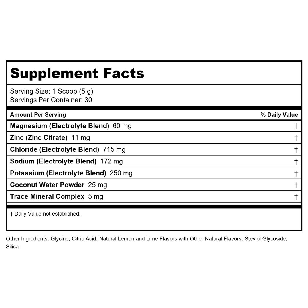 ZHOU Hydro-Fuel - Electrolytes Powder, Sugar Free Hydration Drink Mix w/Magnesium, Zinc, Potassium &amp; Sodium, Nutrients, Minerals &amp; Coconut Water Extract, No Sugar - Lemon Lime, 5.36 oz (30 Servings) - Supplement Facts panel