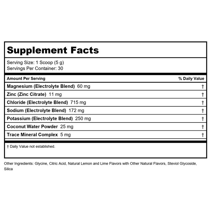 ZHOU Hydro-Fuel - Electrolytes Powder, Sugar Free Hydration Drink Mix w/Magnesium, Zinc, Potassium &amp; Sodium, Nutrients, Minerals &amp; Coconut Water Extract, No Sugar - Lemon Lime, 5.36 oz (30 Servings) - Supplement Facts panel