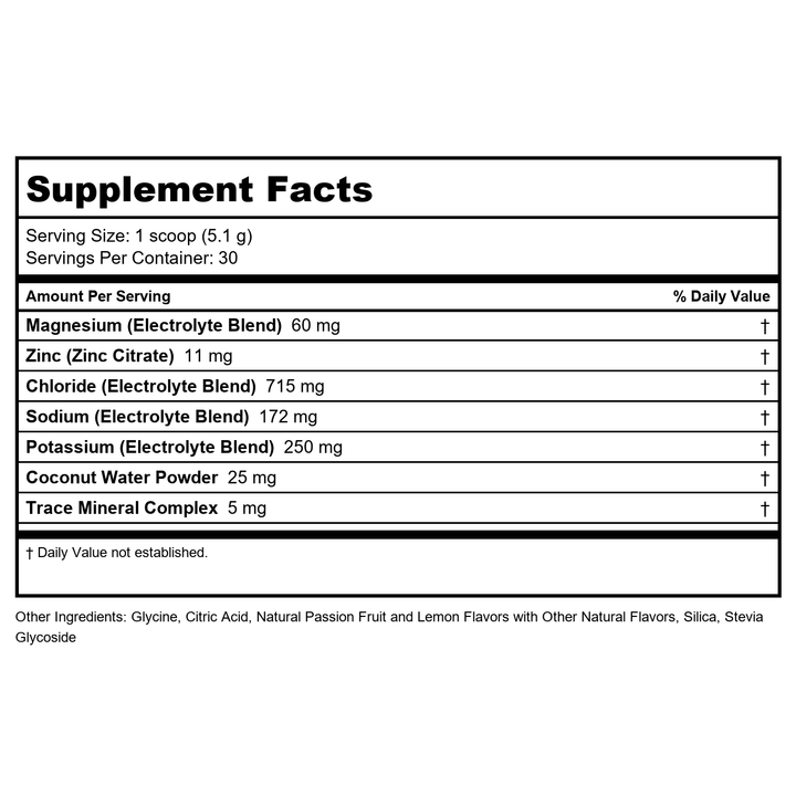 ZHOU Hydro-Fuel - Electrolytes Powder, Sugar Free Hydration Drink Mix w/Magnesium, Zinc, Potassium &amp; Sodium, Minerals &amp; Coconut Water Extract, No Sugar - Passionfruit Lemonade, 5.43 oz (30 Servings) - Supplement Facts panel