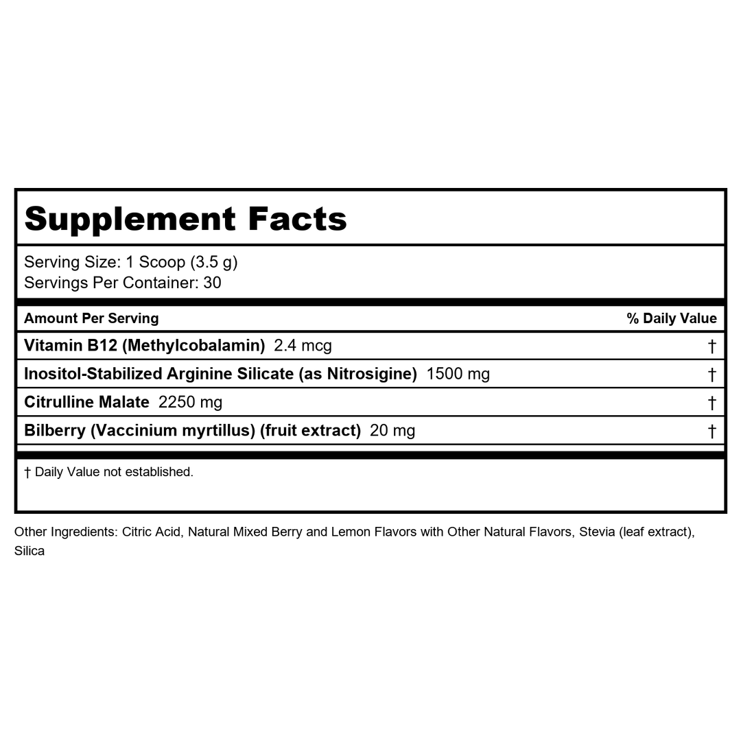 ZHOU Lite Up - Non Stim Powder, Nitric Oxide Precursor, Stim Free Supplement for Men &amp; Women, Caffeine Free Boost, Clean Formula - Berry Lemonade Flavor, 7.5 oz Jar (30 Scoops) - Supplement Facts panel