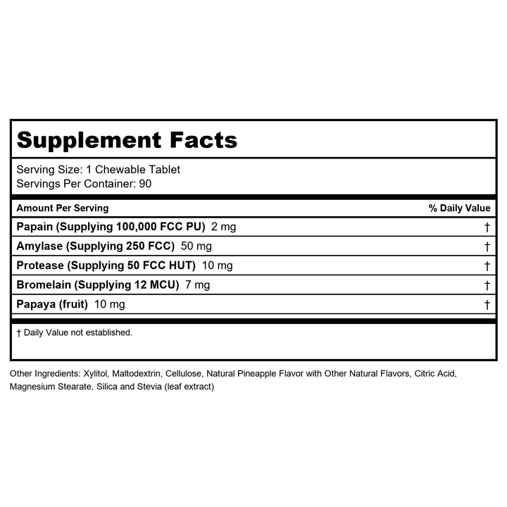 SOLARAY Papaya Enzyme Chewables for Digestive Support - Pineapple (90 Chewables) - Supplement Facts panel