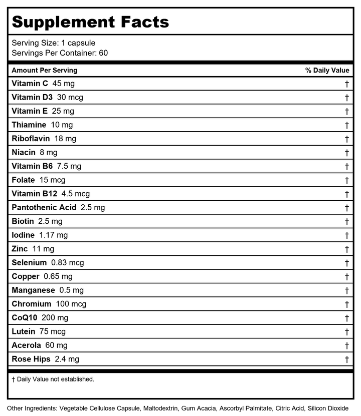SOLARAY Liposomal Multivitamin for Men &amp; Women, High Potency, Enhanced Absorption Vitamin C, Vitamin D, Biotin, Methyl B-12, Odor Neutral &amp; Gentle Digestion, 60 Servings, 120 VegCaps - Supplement Facts panel