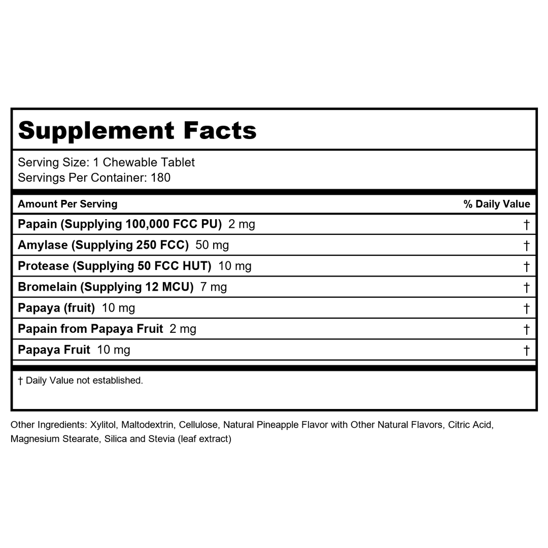 SOLARAY Papaya Enzymes Chewable Tablets - Digestive Enzymes for Powerful Digestive Support - with Papain and Bromelain - Natural Pineapple Flavor - Vegan, Gluten Free, 60-Day Guarantee, 180 Servings - Supplement Facts panel