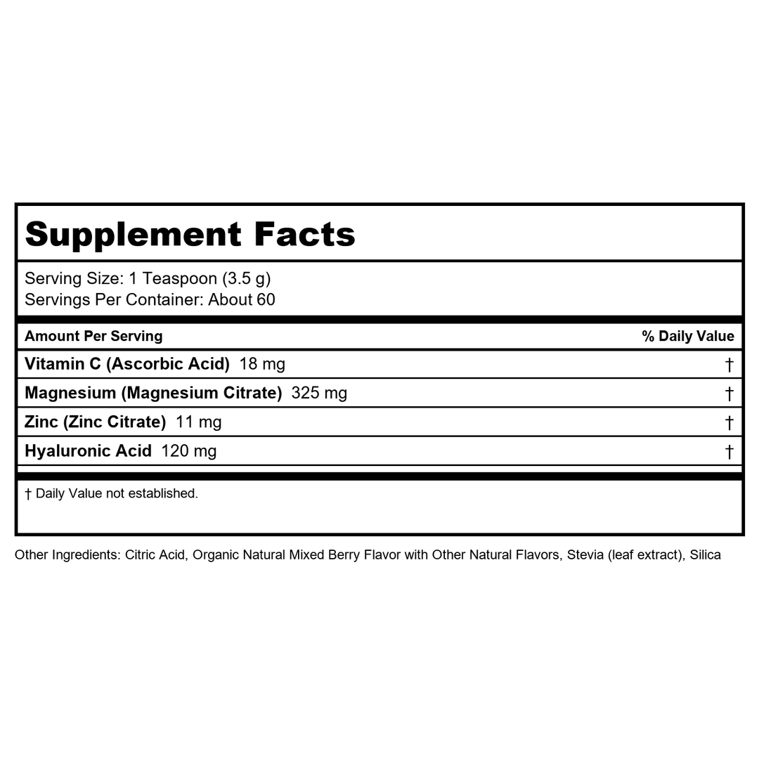 KAL Radiant Magnesium Powder, Mixed Berry Flavor, Hyaluronic Acid and Magnesium Supplement, Skin &amp; Antioxidant Support, Sugar Free, 60 Servings, 7.3 OZ - Supplement Facts panel