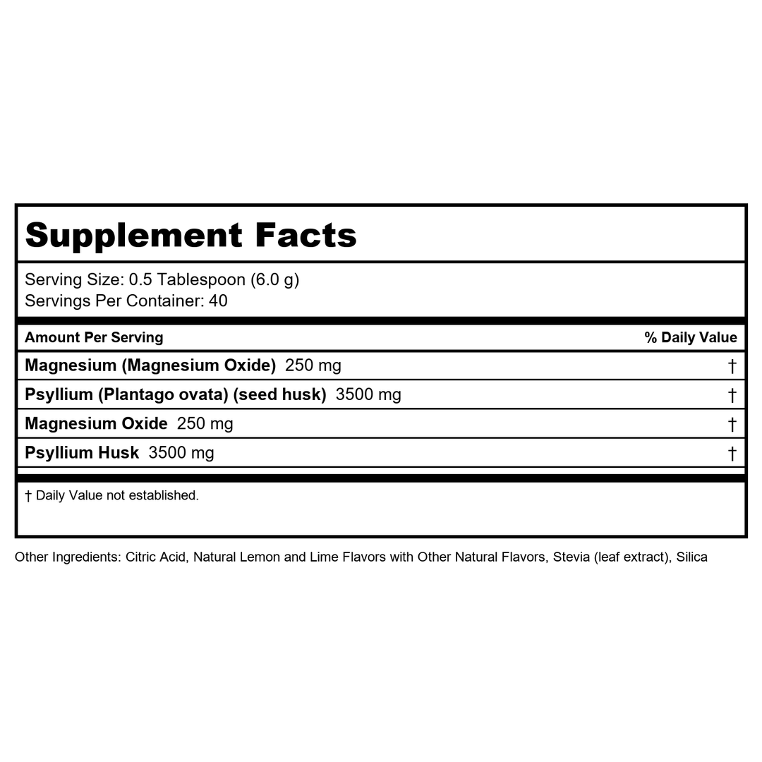 KAL Cleanout Magnesium Plus Psyllium Husk Powder - Lemon Lime - Magnesium Oxide with Fiber Supplement - Regulation Support Drink Mix - No Sugar - 60-Day Guarantee, 40 Servings, 8.5 OZ - Supplement Facts panel