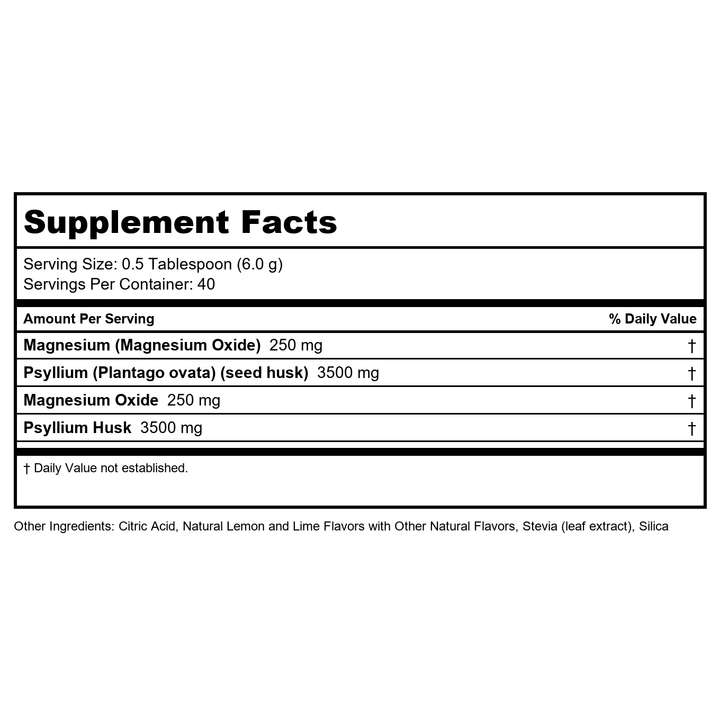 KAL Cleanout Magnesium Plus Psyllium Husk Powder - Lemon Lime - Magnesium Oxide with Fiber Supplement - Regulation Support Drink Mix - No Sugar - 60-Day Guarantee, 40 Servings, 8.5 OZ - Supplement Facts panel