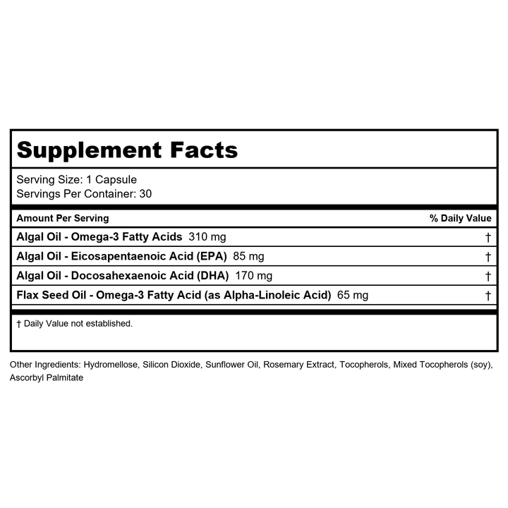 ZHOU Plant-Based Omegas - Vegan Omega 3 Supplement, EPA and DHA Algae Oil Capsules, from Algae &amp; Flaxseed, Supports Heart Health for Women and Men, Vegan - 30 Vegetarian Capsules - Supplement Facts panel