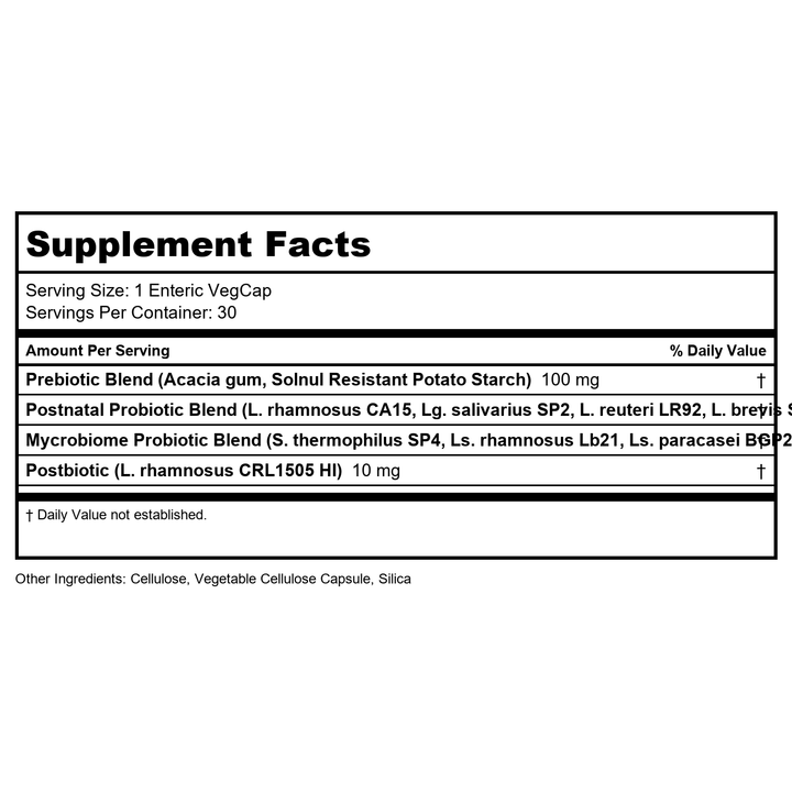 SOLARAY Mycrobiome Complete Probiotic Postnatal - Pre and Probiotics for Women and Men Plus Postbiotic - 50 Billion CFU, 23 Strains - Vegan, Clinically Studied Ingredients - 30 Servings, 30 VegCaps - Supplement Facts panel