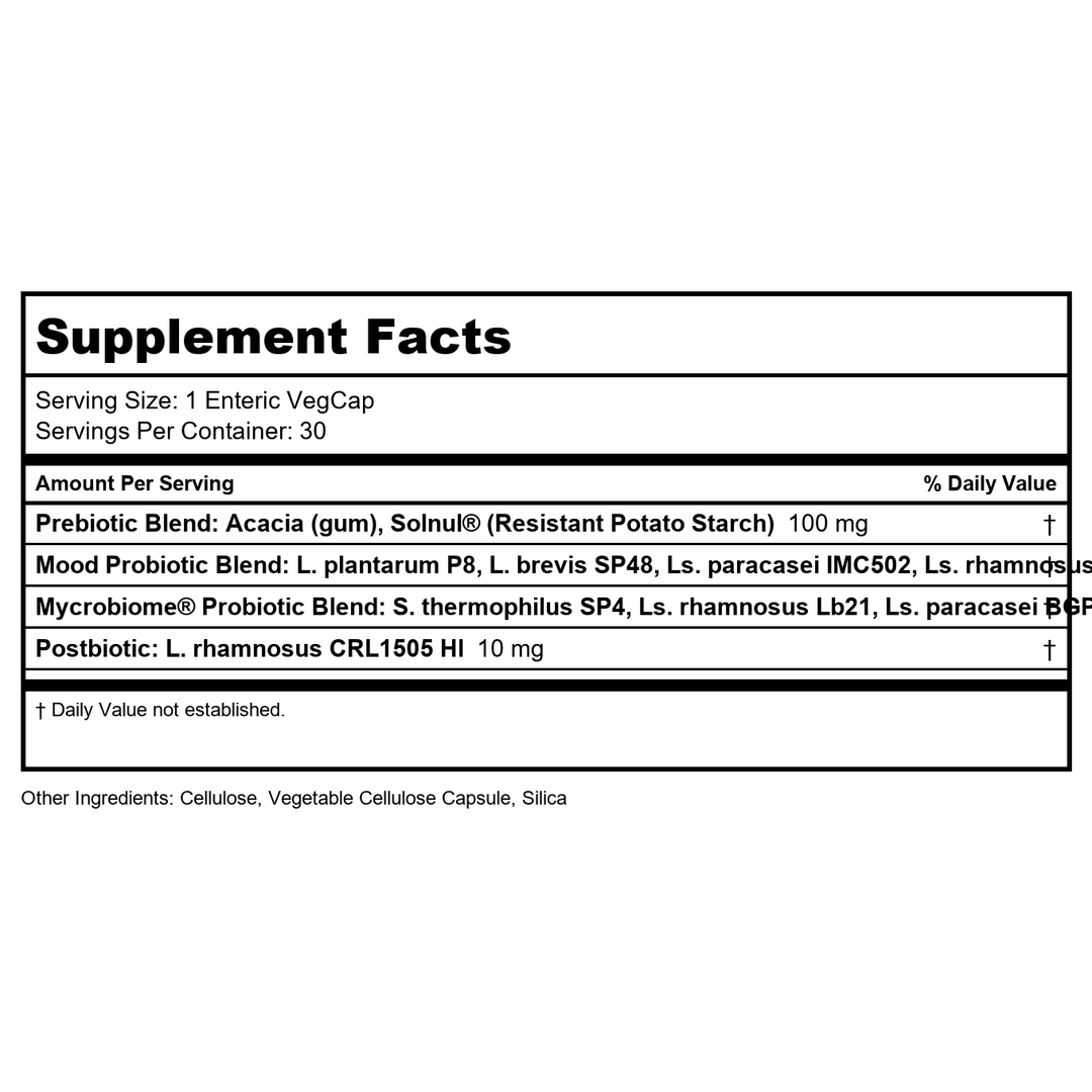 SOLARAY Mycrobiome Complete Probiotic Mood Formula - Pre and Probiotics for Women and Men Plus Postbiotic - 50 Billion CFU, 28 Strains - Vegan, Clinically Studied Ingredients - 30 Servings, 30 VegCaps - Supplement Facts panel