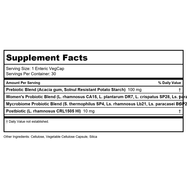 SOLARAY Mycrobiome Complete Probiotic Women’s Formula - Vaginal Probiotics for Women Plus Pre and Postbiotic - 50 Billion CFU, 28 Strains - Vegan, Gluten Free - 30 Serv, 30 VegCaps - Supplement Facts panel