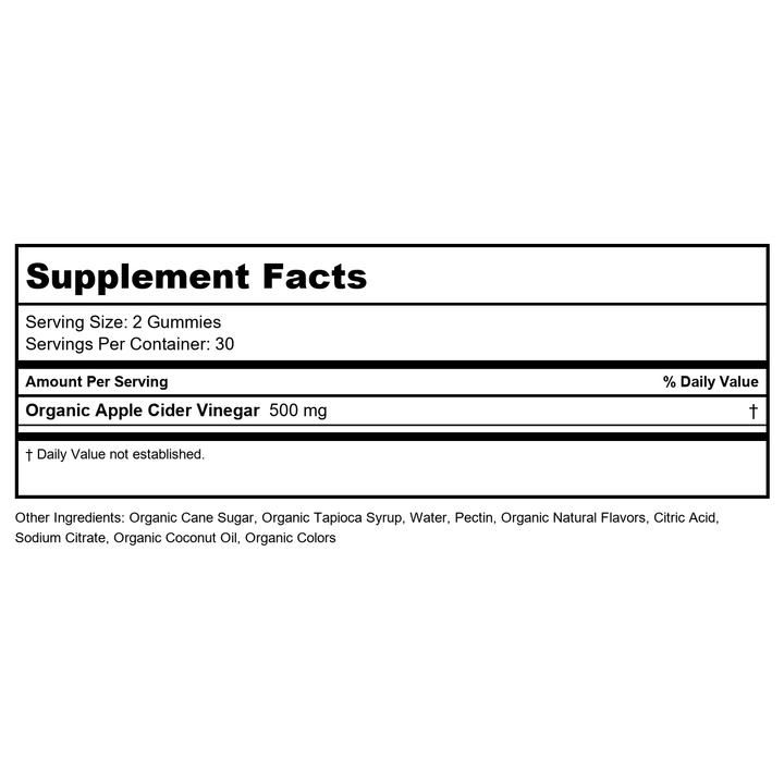 Zhou Apple Cider Vinegar Gummies - ACV Gummies for Women and Men with Elderberry, Delicious Taste with Raw Cane Sugar, USDA Organic - 60 Vegan Gummies - Supplement Facts panel