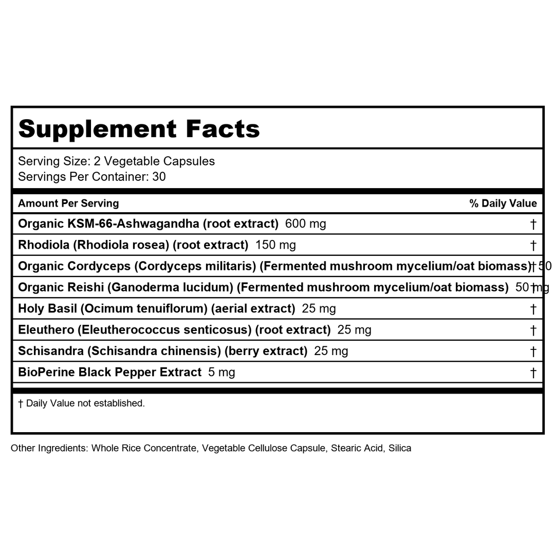 Zhou Nutrition Ashwagandha Capsules, Mood Enhancer, Energy Boost, Blend of Rhodiola, Holy Basil, Cordyceps, Reishi &amp; Ashwagandha Supplement, 30 Servings, 60 Capsules - Supplement Facts panel