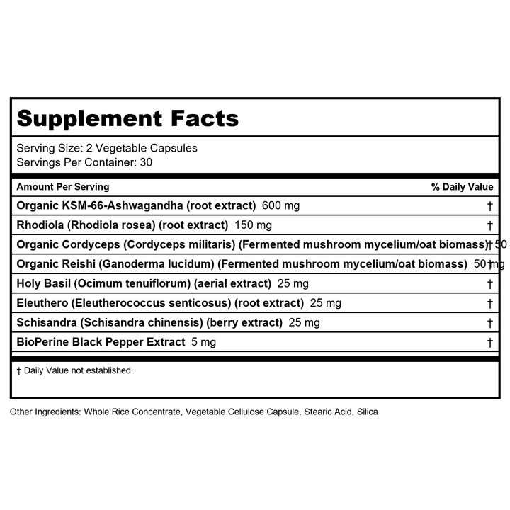Zhou Nutrition Ashwagandha Capsules, Mood Enhancer, Energy Boost, Blend of Rhodiola, Holy Basil, Cordyceps, Reishi &amp; Ashwagandha Supplement, 30 Servings, 60 Capsules - Supplement Facts panel