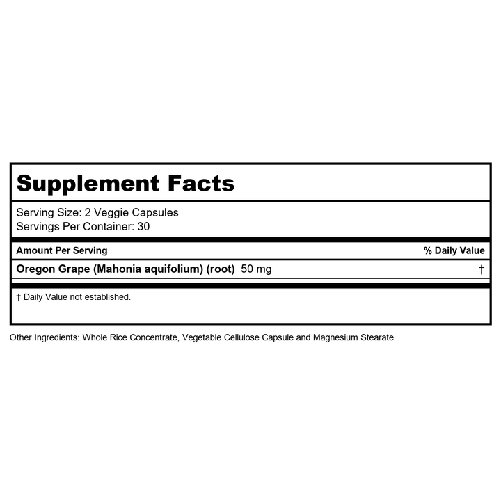 Zhou Nutrition Oregon Grape Berberine 60 Count, 60 Ct - Supplement Facts panel