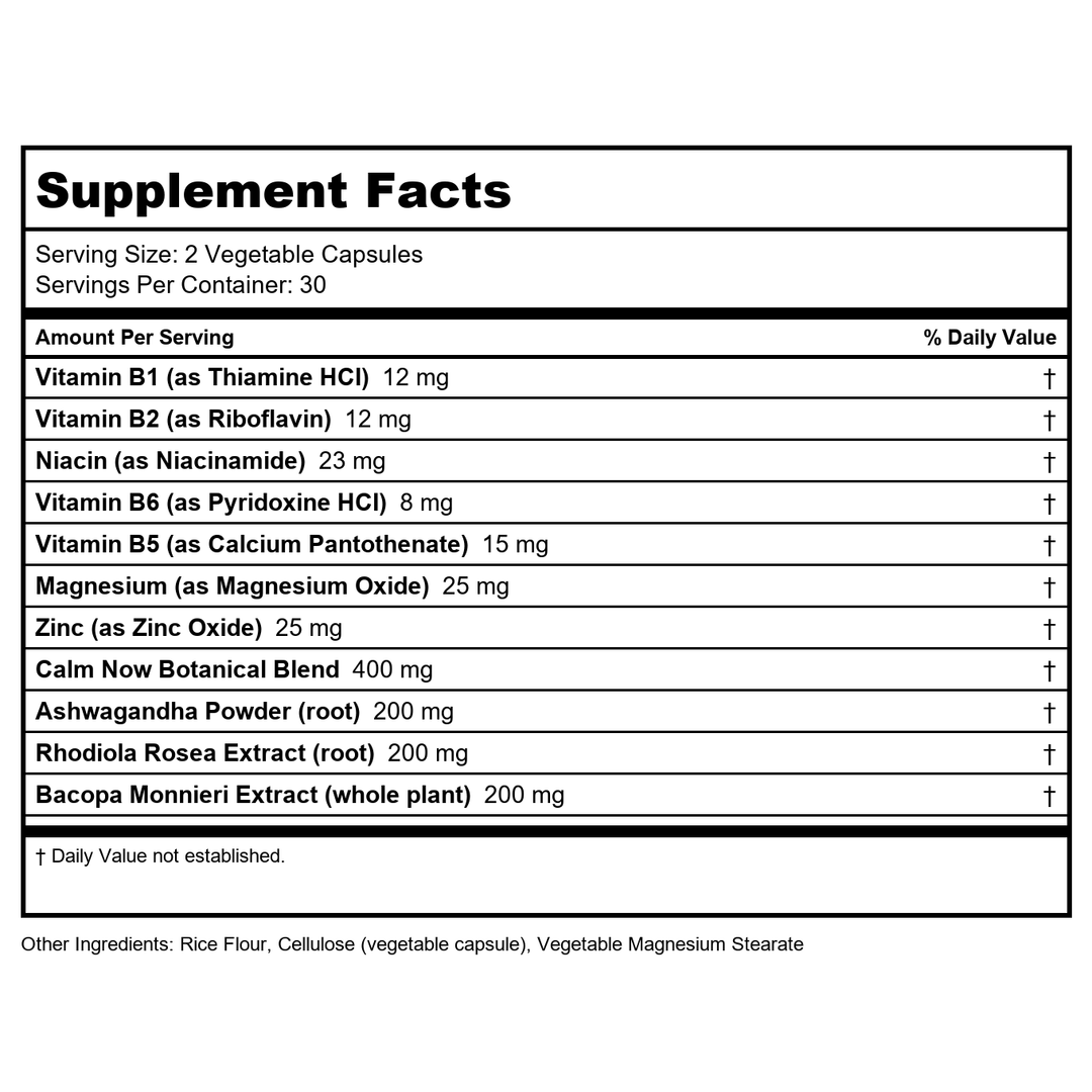 ZHOU Nutrition Calm Now Soothing Stress Formula, 60 CT - Supplement Facts panel