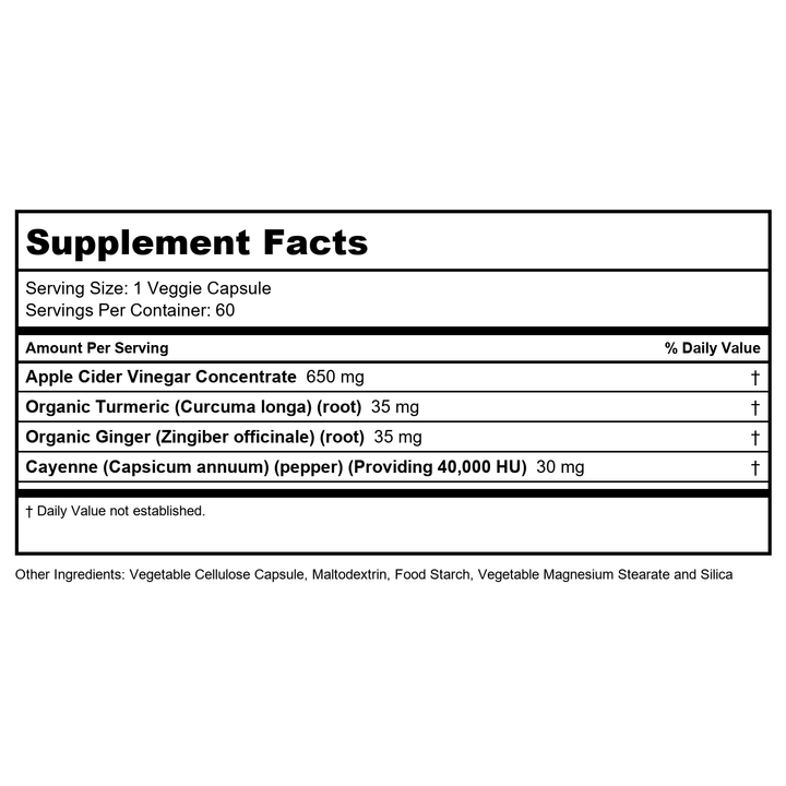Zhou Cider Detox - Apple Cider Vinegar Capsules with Mother, Raw Natural ACV Pills for Women &amp; Men, Herbal Complex Supplement with Turmeric &amp; Cayenne Pepper - 60 Vegan Capsules - Supplement Facts panel
