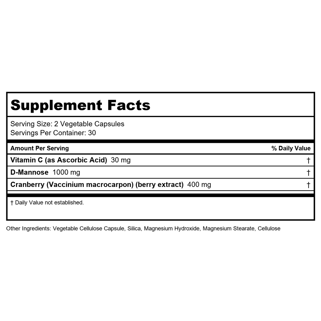 Zhou Cran-Defense - Cranberry Pills for Women &amp; Men, D Mannose with Cranberry Extract, 1000 mg D-Mannose Per Serving for Urinary Tract Health, Antioxidant Support - 60 Veggie Capsules - Supplement Facts panel
