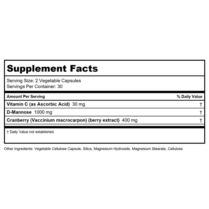 Zhou Cran-Defense - Cranberry Pills for Women &amp; Men, D Mannose with Cranberry Extract, 1000 mg D-Mannose Per Serving for Urinary Tract Health, Antioxidant Support - 60 Veggie Capsules - Supplement Facts panel