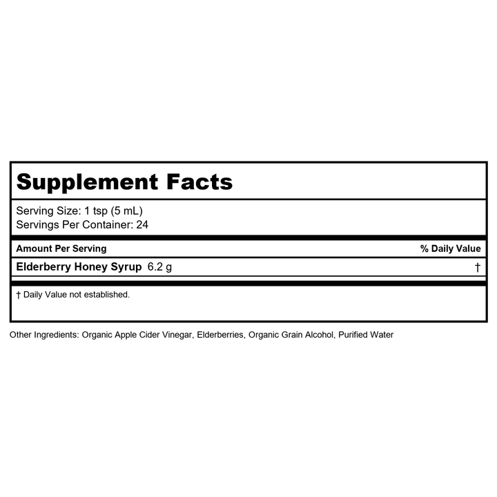 Honey Gardens Elderberry Syrup with Grade A Raw Honey, Propolis, Organic ACV &amp; Elderberries | Traditional Immune Formula w/Echinacea | Made in The USA (4oz) - Supplement Facts panel