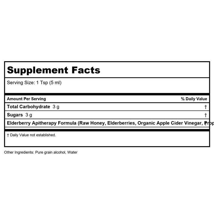 Honey Gardens Apiaries Elderberry Syrup - Apitherapy Raw Honey - Propolis and Elderberries - Cough - 4 oz - Supplement Facts panel