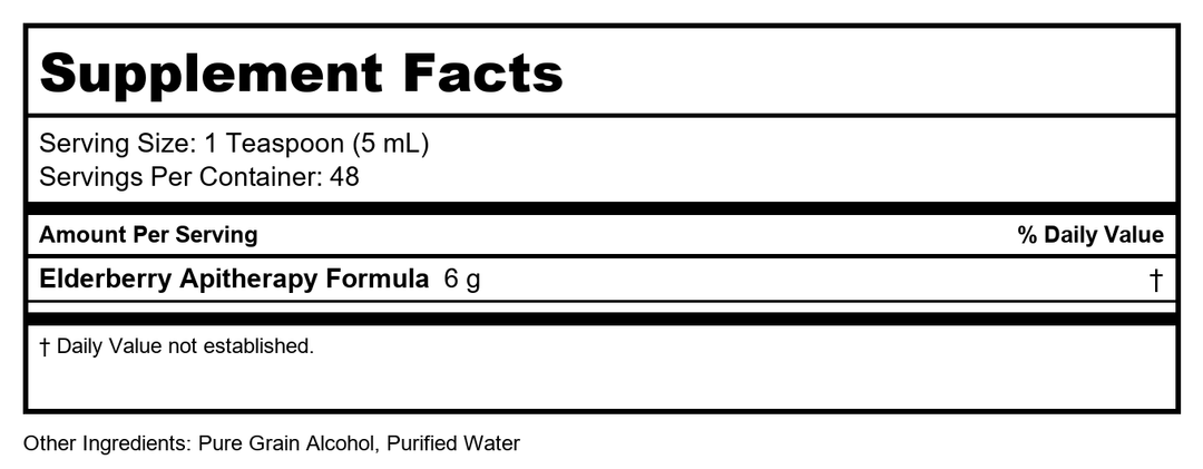 Honey Garden APIARIES Apitherapy Elderberry Honey Syrup, 4 FZ - Supplement Facts panel