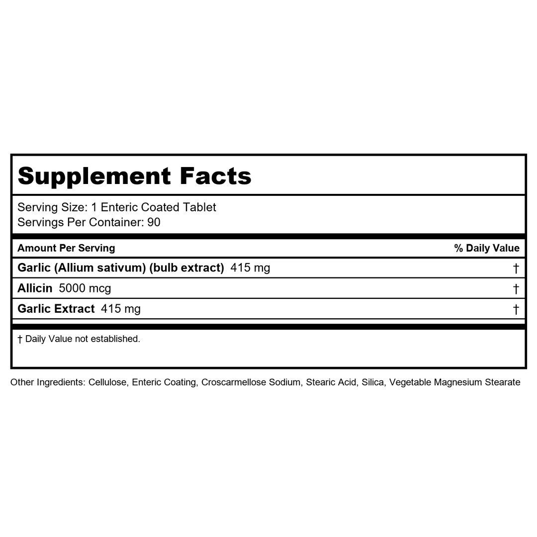 Zhou Garlic with Allicin - Garlic Supplements, Odorless Garlic Extract Pills for Men &amp; Women, 5000 mcg Allicin Per Tablet for Immune &amp; Heart Health - 90 Coated Tablets (Pack of 1) - Supplement Facts panel