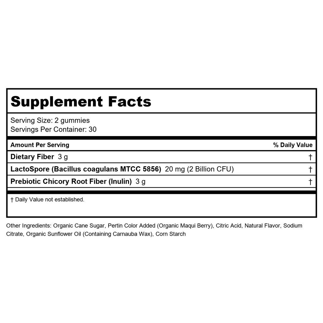 Zhou Gut Guru - Gut Health Gummies for Men and Women, Prebiotic and Probiotic Fiber Supplement for Digestion and Gut Health Support, Gluten Free, Non-GMO - 60 Vegan Gummies - Supplement Facts panel