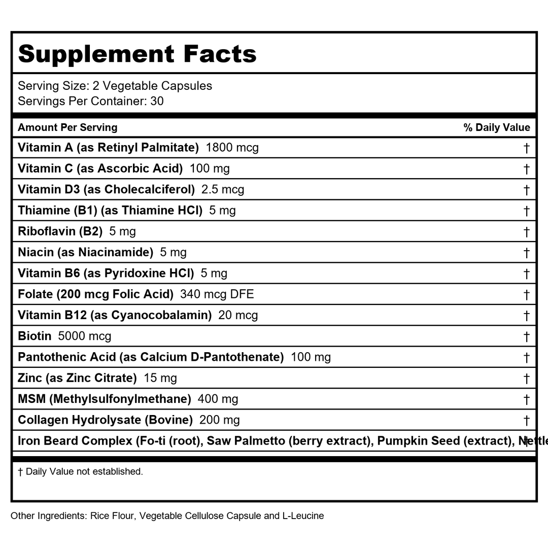 Zhou Iron Beard - Beard Growth Vitamins Men, Premium Biotin, Saw Palmetto &amp; B Vitamin Pills to Support Facial Hair, Beard Care Supplement for Full Beard - 60 Veggie Capsules - Supplement Facts panel