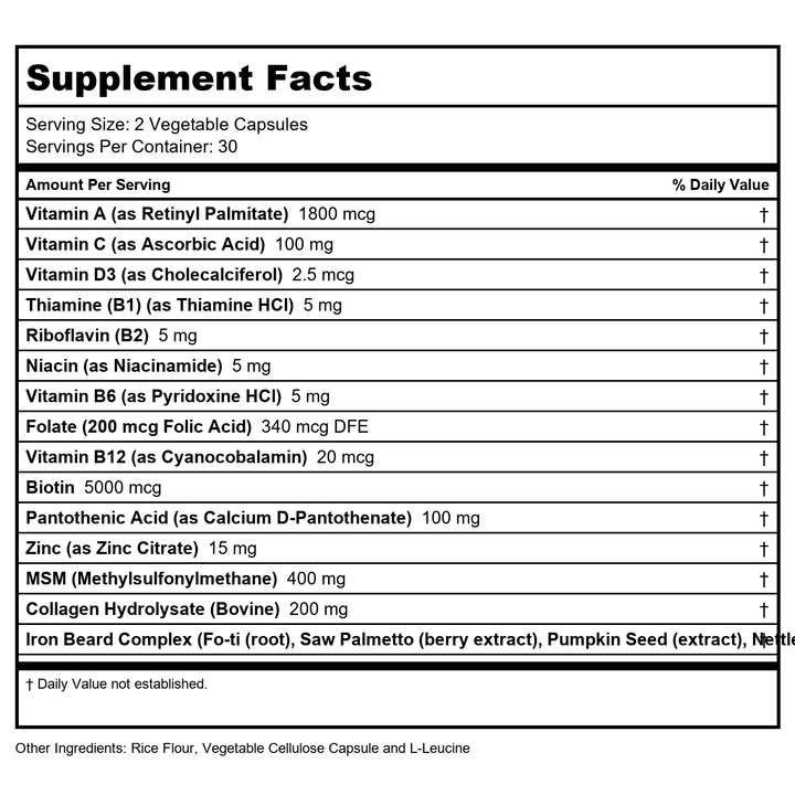 Zhou Iron Beard - Beard Growth Vitamins Men, Premium Biotin, Saw Palmetto &amp; B Vitamin Pills to Support Facial Hair, Beard Care Supplement for Full Beard - 60 Veggie Capsules - Supplement Facts panel