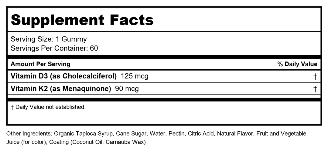 Zhou Nutrition Vitamin K2 + D3 Gummies, 60 Ct - Supplement Facts panel