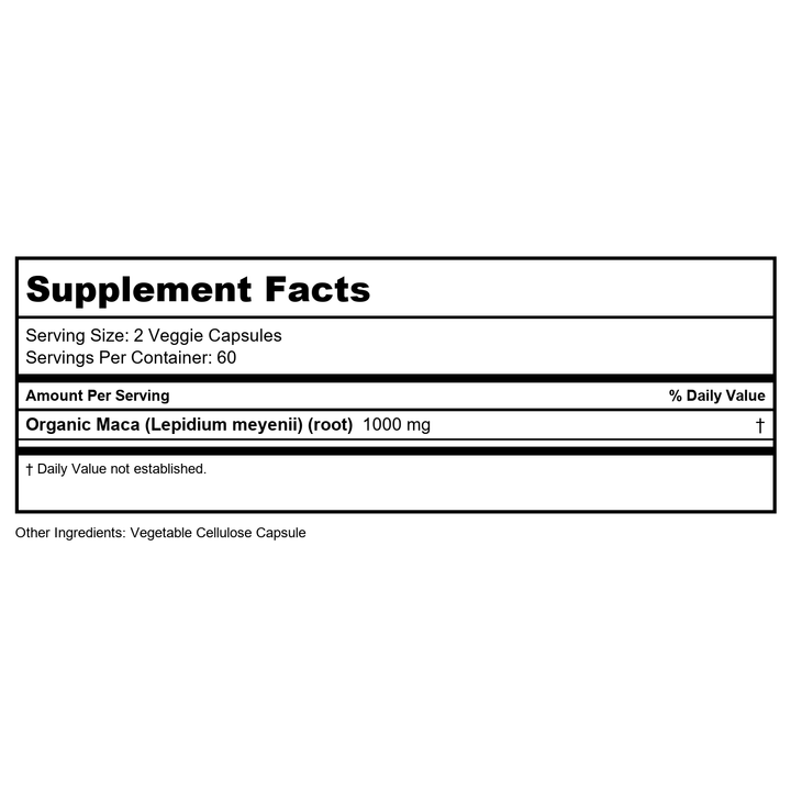 Zhou Maca Root | Wellness Supplement for Men &amp; Women | Boosts Energy | 60 Servings, 120 Count - Supplement Facts panel