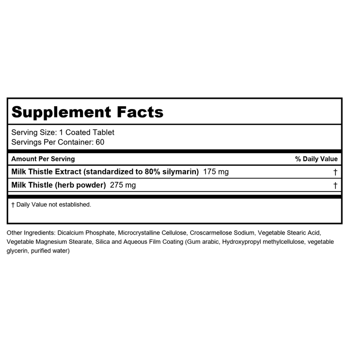ZHOU NUTRITION Milk Thistle Liver Support Formula, 60 CT - Supplement Facts panel