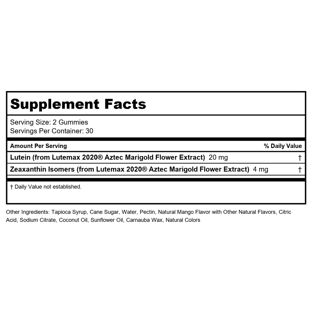 Zhou Screen Eyes Gummies - Lutein Gummies for Eye Health, Lutein and Zeaxanthin for Adults &amp; Kids, Supports Eyesight, Blue Light Vision Health Formula - 60 Count - Supplement Facts panel