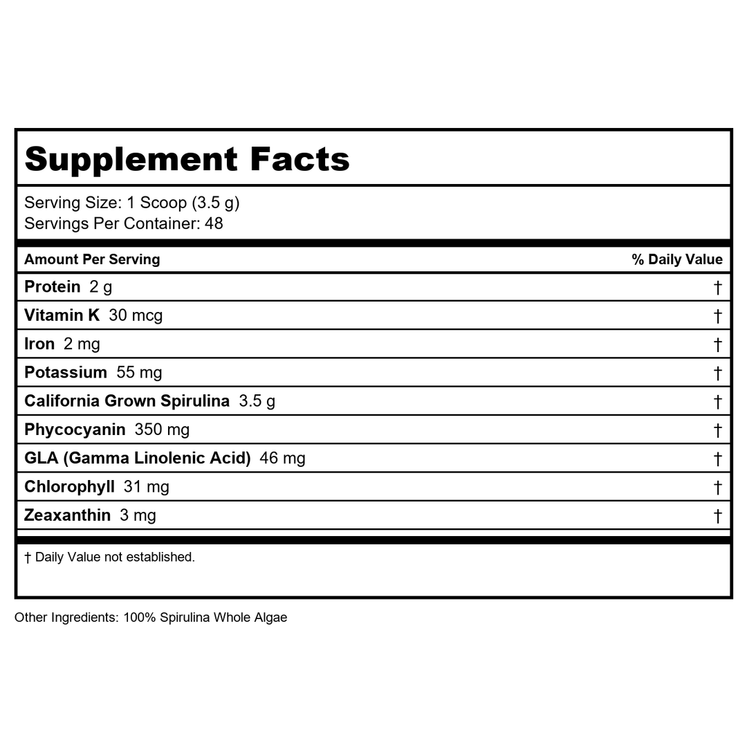 Zhou Spirulina Powder - Blue Green Spirulina Superfood for Women &amp; Men with Vegan Protein, Chlorophyll &amp; Phycocyanin for Smooth Energy &amp; Longevity, Drink Mix for Smoothies - 6 oz Jar (48 Servings) - Supplement Facts panel