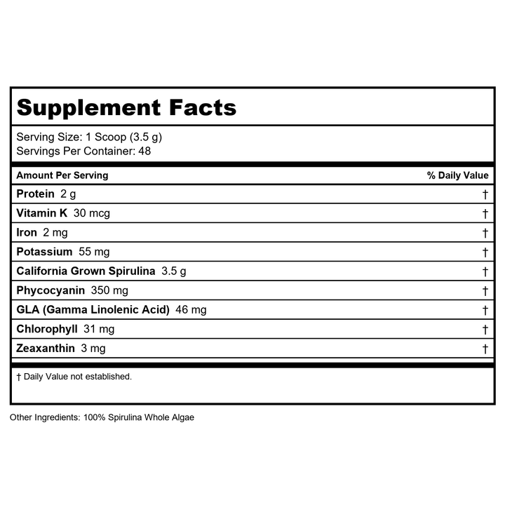 Zhou Spirulina Powder - Blue Green Spirulina Superfood for Women &amp; Men with Vegan Protein, Chlorophyll &amp; Phycocyanin for Smooth Energy &amp; Longevity, Drink Mix for Smoothies - 6 oz Jar (48 Servings) - Supplement Facts panel