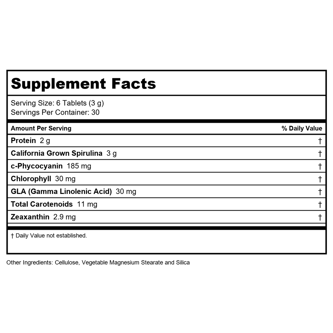Zhou Spirulina Tablets - Spirulina Pills, Greens Superfood Supplement with Chlorophyll &amp; Blue Spirulina Powder Cognitive &amp; Immune Support, Pure Premium Formula - 180 Tablets - Supplement Facts panel