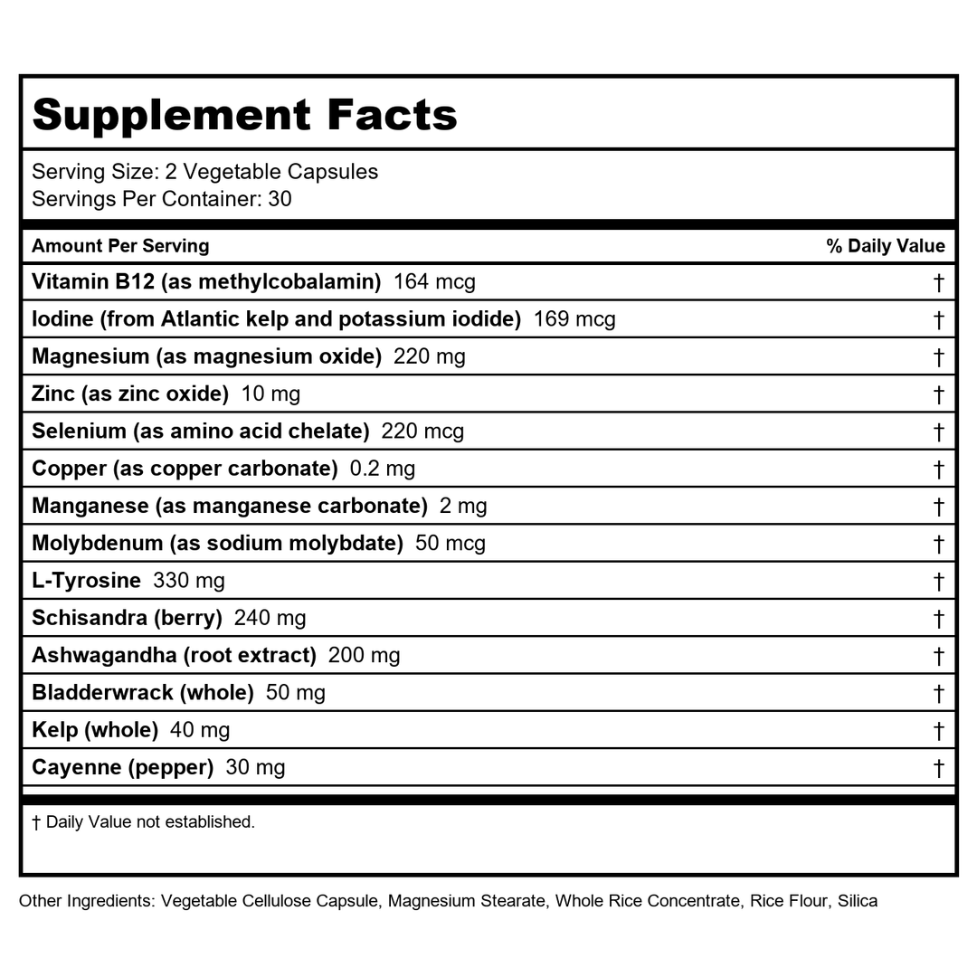 ZHOU Thyroid Support - Thyroid Supplement for Women &amp; Men with Zinc, Iodine, &amp; Selenium, Cellular Energy Thyroid Complex with Ashwagandha, Kelp - 60 Veggie Capsules (Pack of 1) - Supplement Facts panel