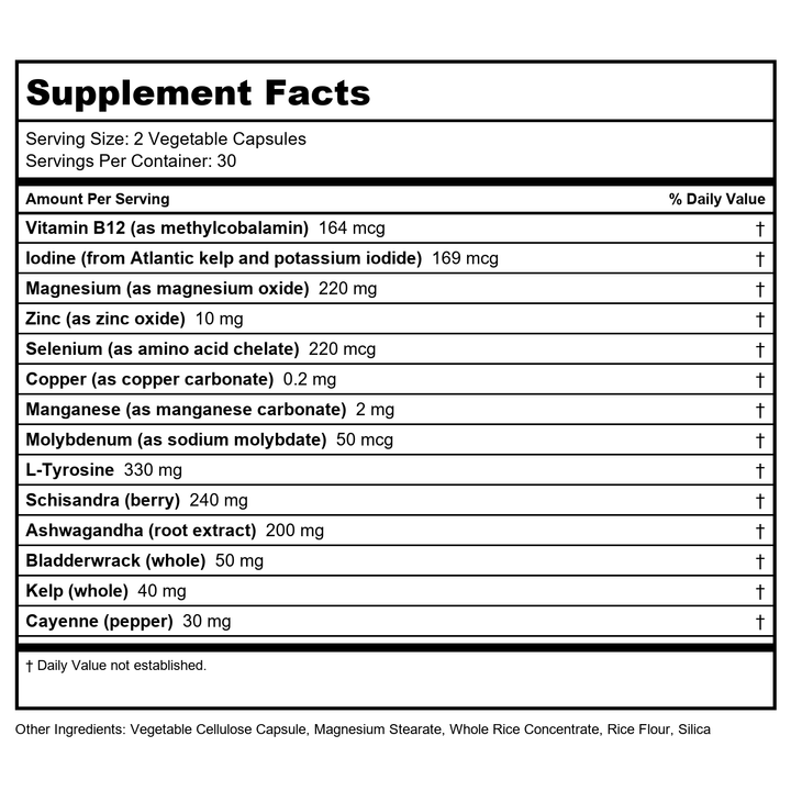 ZHOU Thyroid Support - Thyroid Supplement for Women &amp; Men with Zinc, Iodine, &amp; Selenium, Cellular Energy Thyroid Complex with Ashwagandha, Kelp - 60 Veggie Capsules (Pack of 1) - Supplement Facts panel