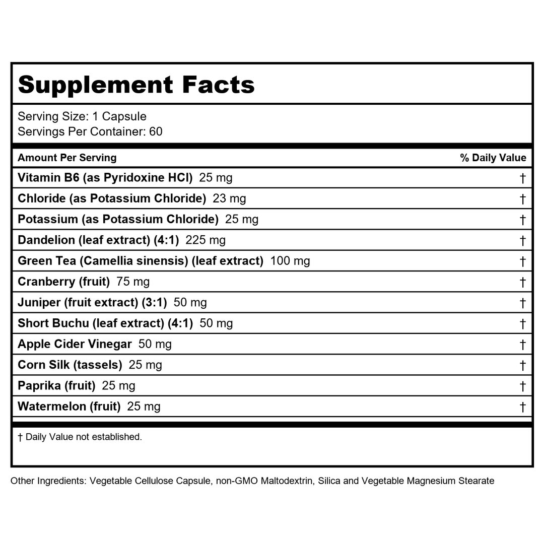 ZHOU Water Away - Natural Water Pills for Women &amp; Men with Dandelion, Potassium, Cranberry and Green Tea, Cellular Energy and Metabolic Health - 60 Veggie Capsules (Pack of 1) - Supplement Facts panel