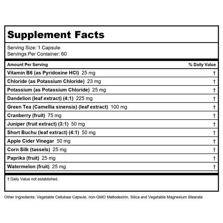 ZHOU Water Away - Natural Water Pills for Women &amp; Men with Dandelion, Potassium, Cranberry and Green Tea, Cellular Energy and Metabolic Health - 60 Veggie Capsules (Pack of 1) - Supplement Facts panel