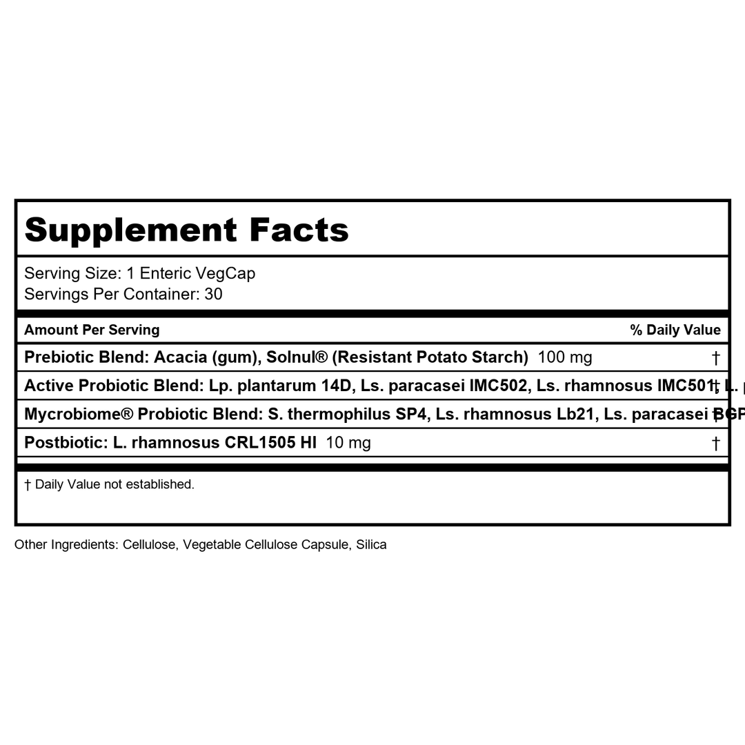 SOLARAY Mycrobiome Complete Probiotic Active - Pre and Probiotics for Women and Men Plus Postbiotic - 50 Billion CFU, 23 Strains - Vegan, Clinically Studied Ingredients - 30 Servings, 30 VegCaps - Supplement Facts panel