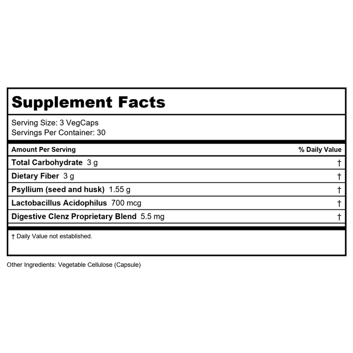 Body Gold Digestive Clenz | Healthy Detoxification, Elimination &amp; Nutrient Absorption Support | 30 Servings, 90 VegCaps - Supplement Facts panel