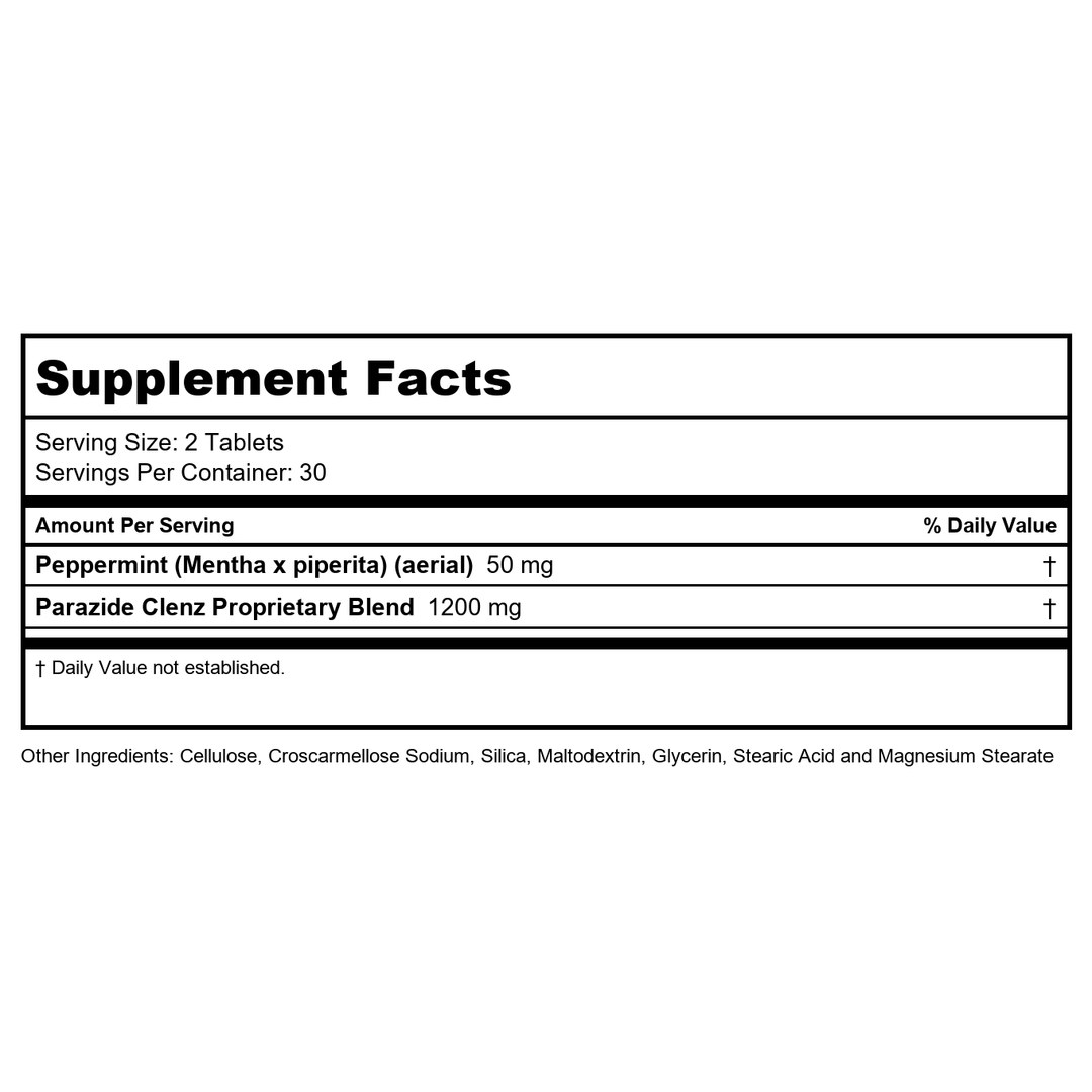 Body Gold Parazide Clenz Herbals &amp; Peppermint | Intestinal Cleanse &amp; Detox w/Black Walnut &amp; More | 30 Serv, 60 Tablets - Supplement Facts panel