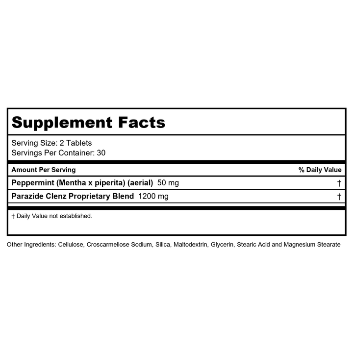 Body Gold Parazide Clenz Herbals &amp; Peppermint | Intestinal Cleanse &amp; Detox w/Black Walnut &amp; More | 30 Serv, 60 Tablets - Supplement Facts panel