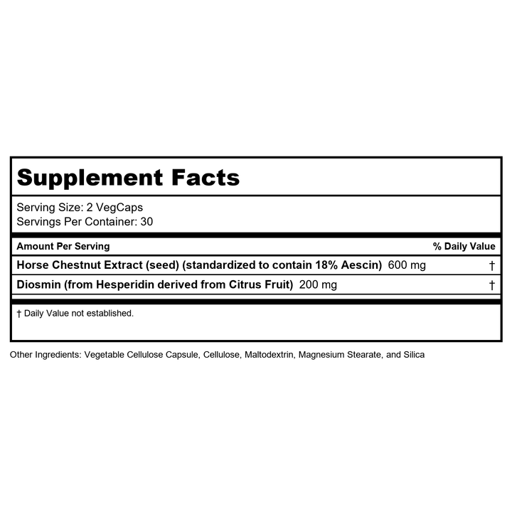 Body Gold Venastat - Leg Vein Support Supplements, Circulation Supplements with Horse Chestnut &amp; Diosmin for Men &amp; Women, Healthy Blood Flow - 105 Veggie Capsules - Supplement Facts panel
