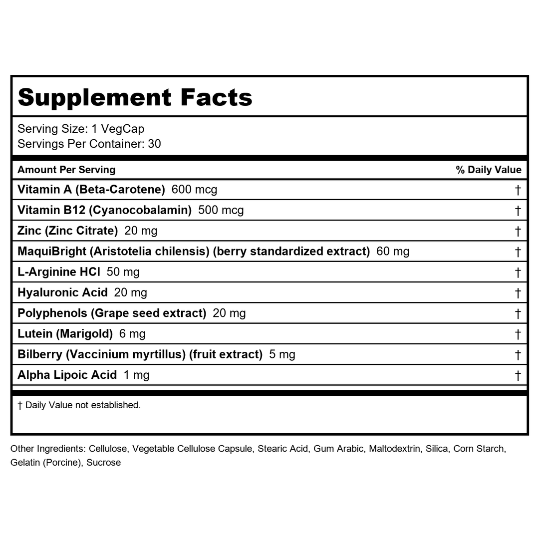 Body Gold Liqua Soothe Eye Health Supplement, Healthy Tear Production Formula for Dry, Tired Feeling Eyes, w/MaquiBright, Vitamin A, Lutein and Hyaluronic Acid, 60 Day Guarantee, 30 Serv, 30 VegCaps - Supplement Facts panel