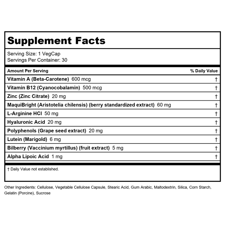 Body Gold Liqua Soothe Eye Health Supplement, Healthy Tear Production Formula for Dry, Tired Feeling Eyes, w/MaquiBright, Vitamin A, Lutein and Hyaluronic Acid, 60 Day Guarantee, 30 Serv, 30 VegCaps - Supplement Facts panel